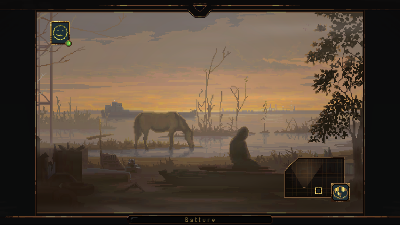 A screenshot from Norco of a person sitting on a bench watching a horse drink water from a lake