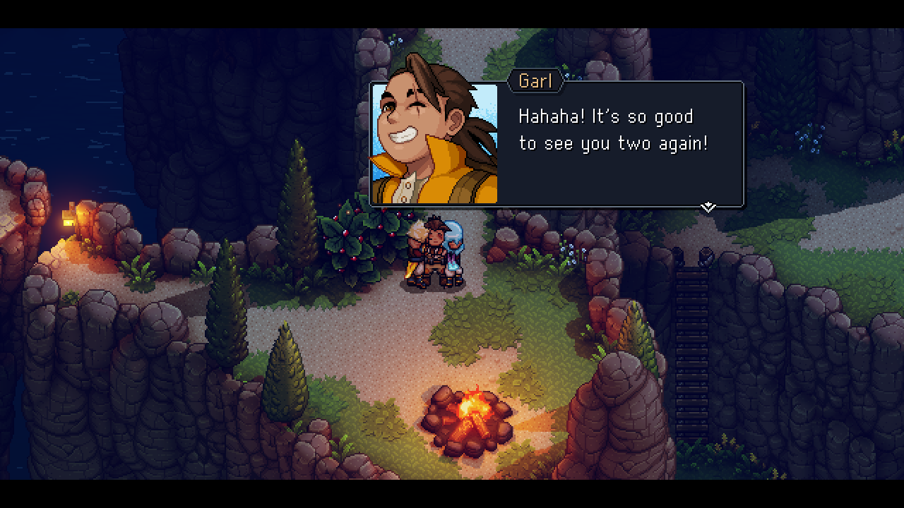 Sea of Stars screenshot of Zale and Valere sharing a group hug with their best friend Garl near a campfire on a cliff.