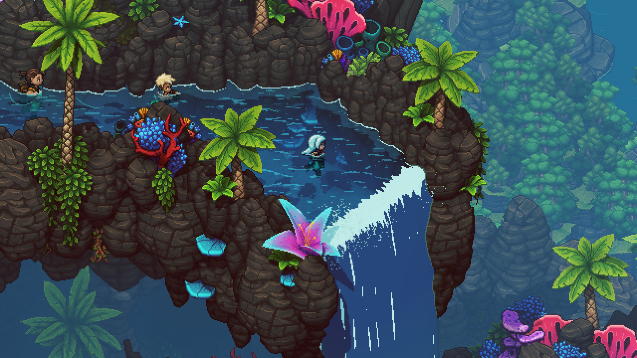 Sea of Stars screenshot of Valere, Zale, and Garl swimming in a tropical stream about to go over a waterfall.