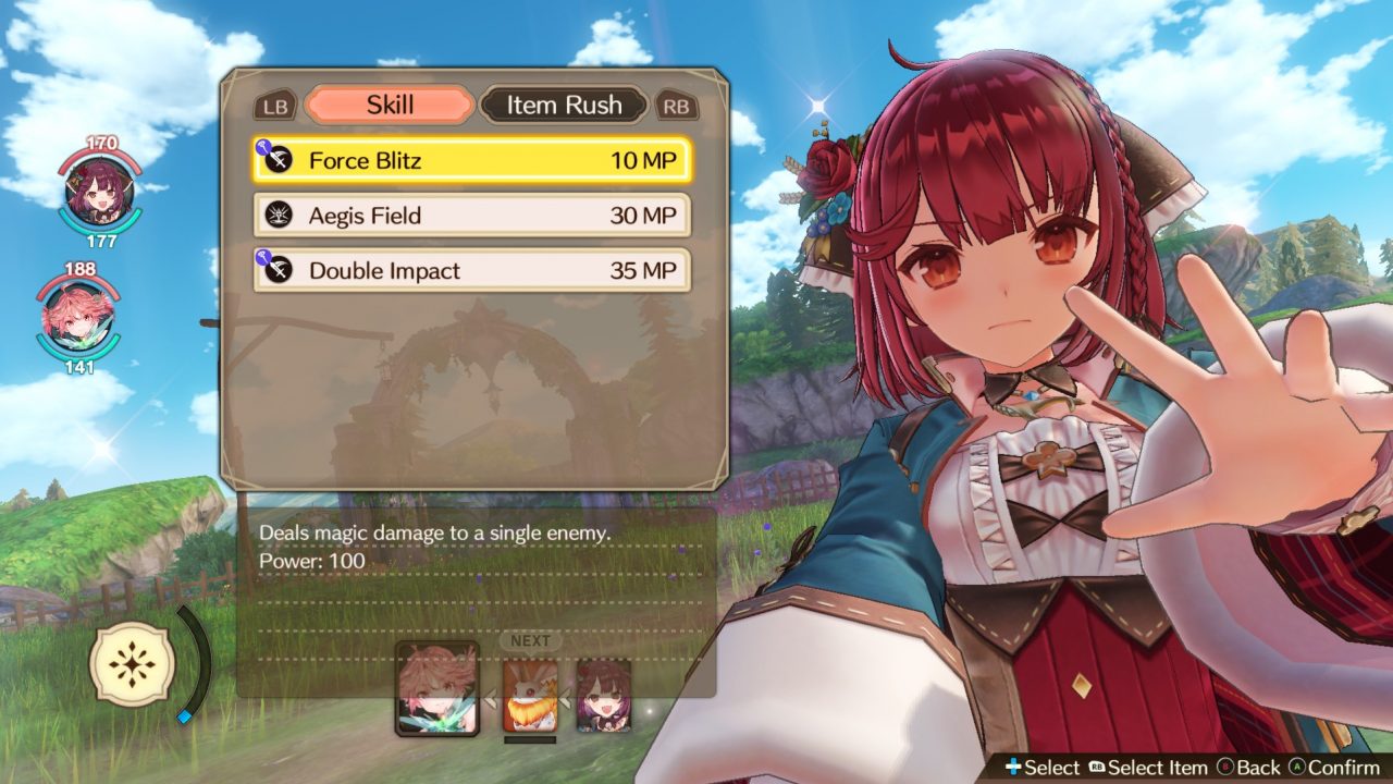 Atelier Sophie 2 protagonist Sophie Nuenmuller selecting skills to use in turn-based battle system.