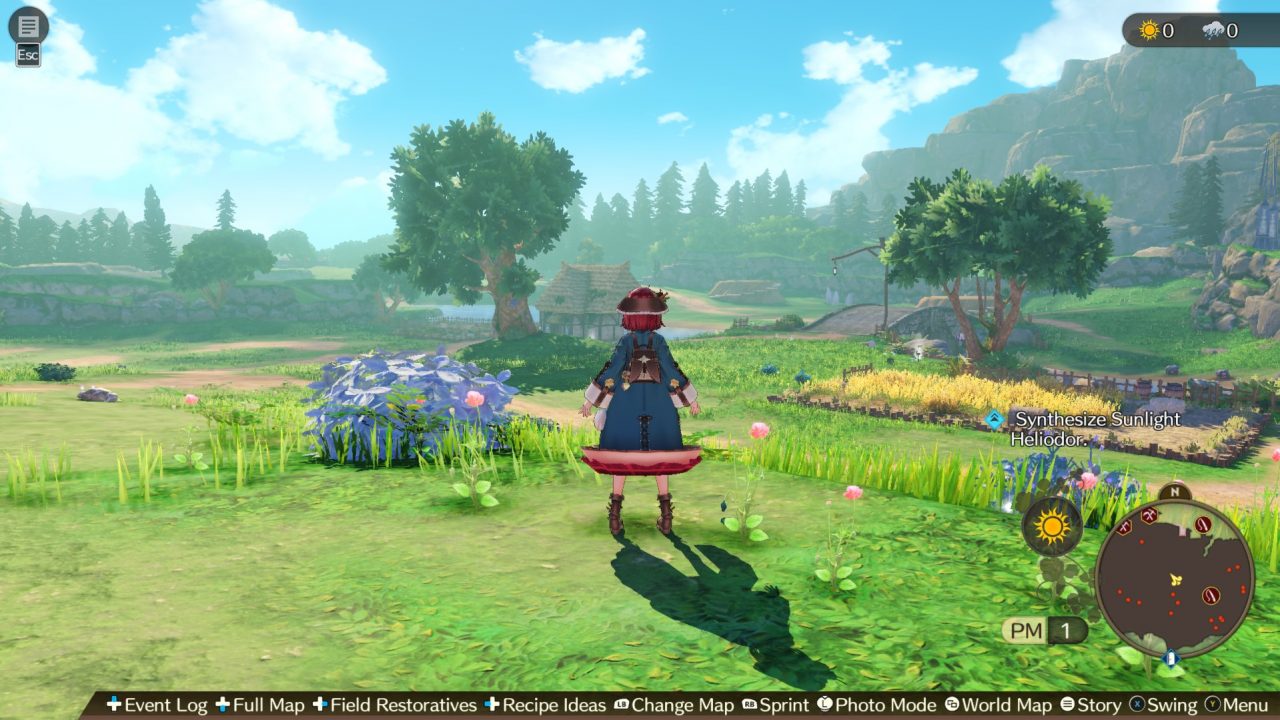 Atelier Sophie 2 protagonist Sophie Nuenmuller overlooking a gathering field where materials can be collected and enemies can be battles.