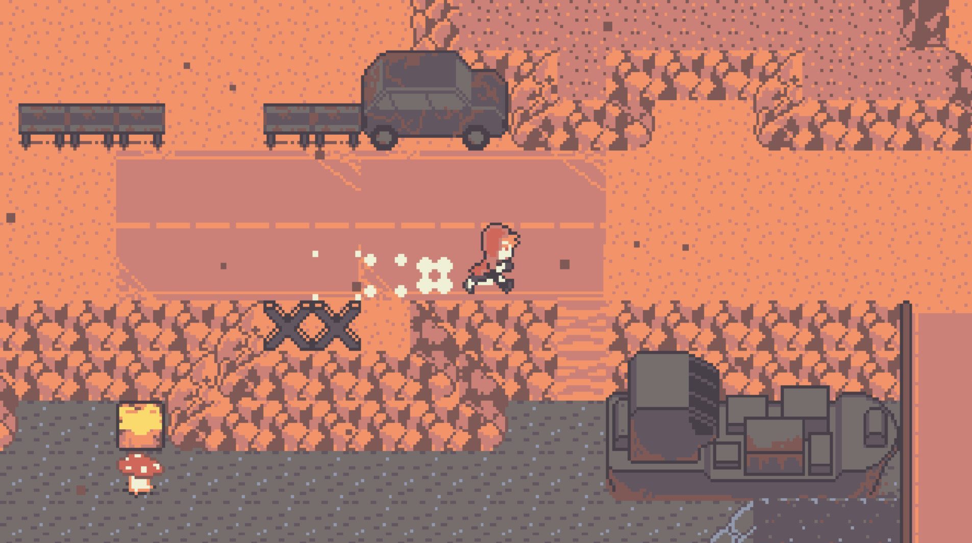 Cesspool screenshot - Exploring a wasteland filled with broken down vehicles.