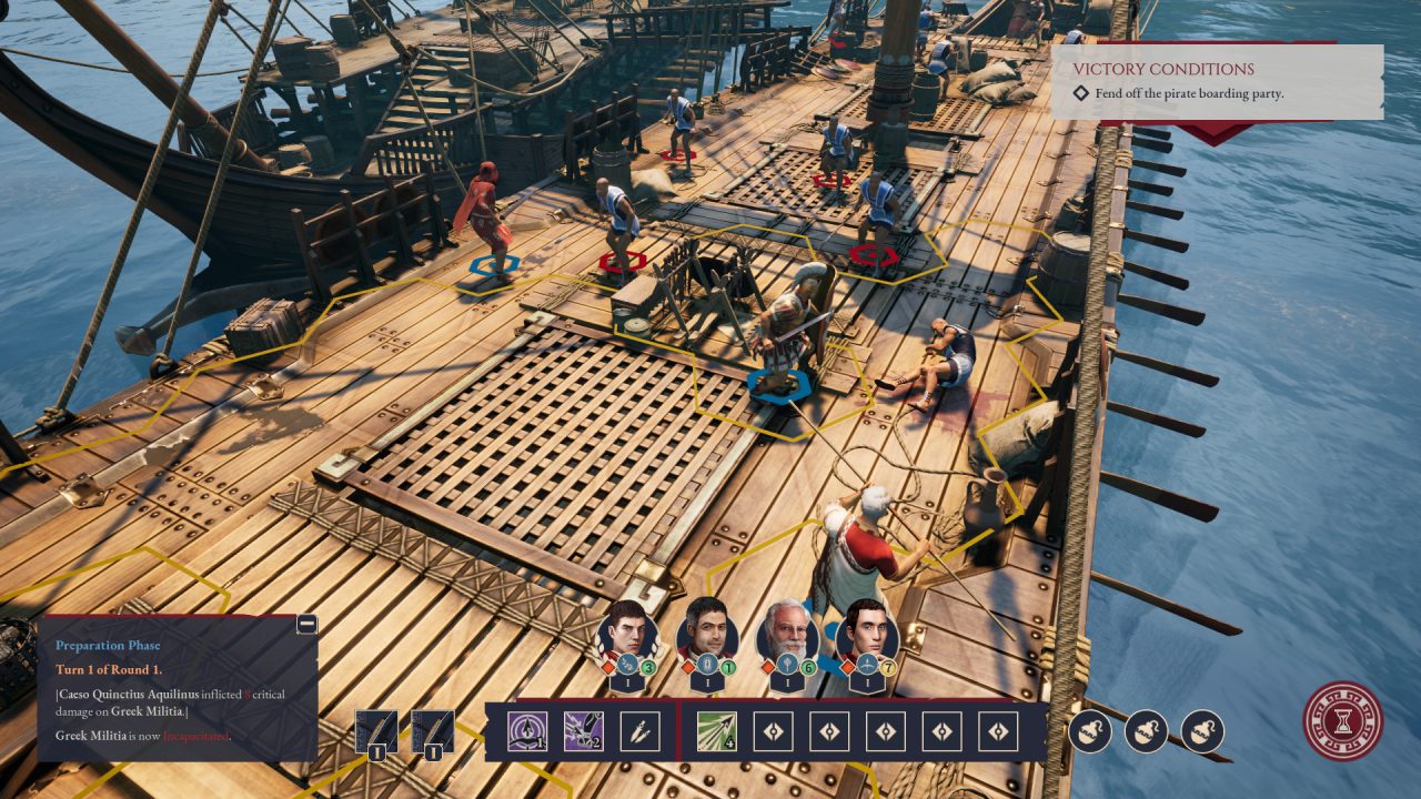 A Roman contingent battles a Greek militia aboard a seaworthy vessel in Expeditons: Rome.