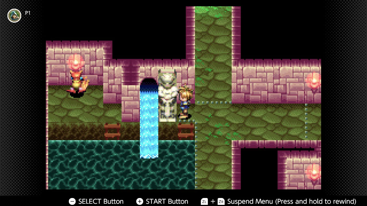 Issac looking longingly at a Djinn from behind a statue and waterfall, puzzles he'll have to overcome to enlist its help.