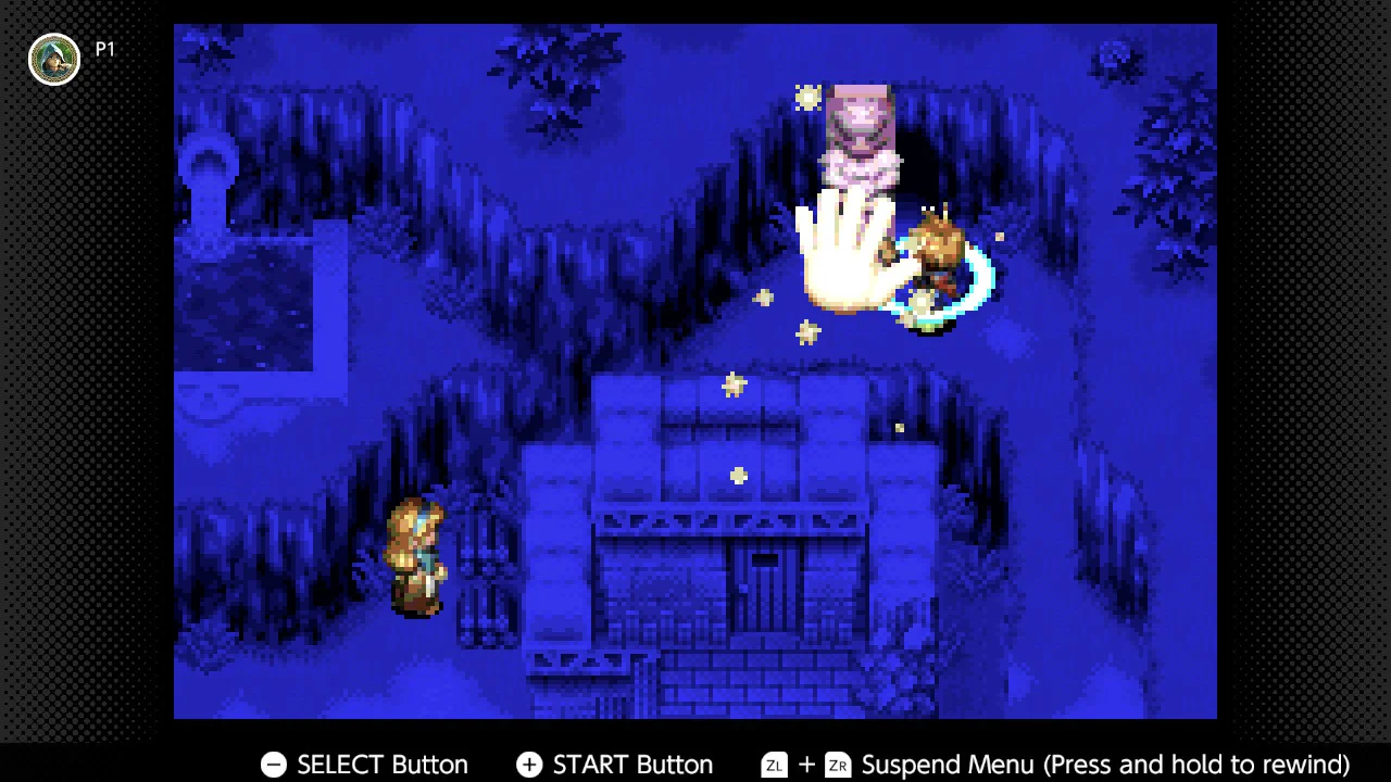 Isaac guiding his Move spell to move a purple-gray statue in a dimly lit cliffside in Golden Sun.