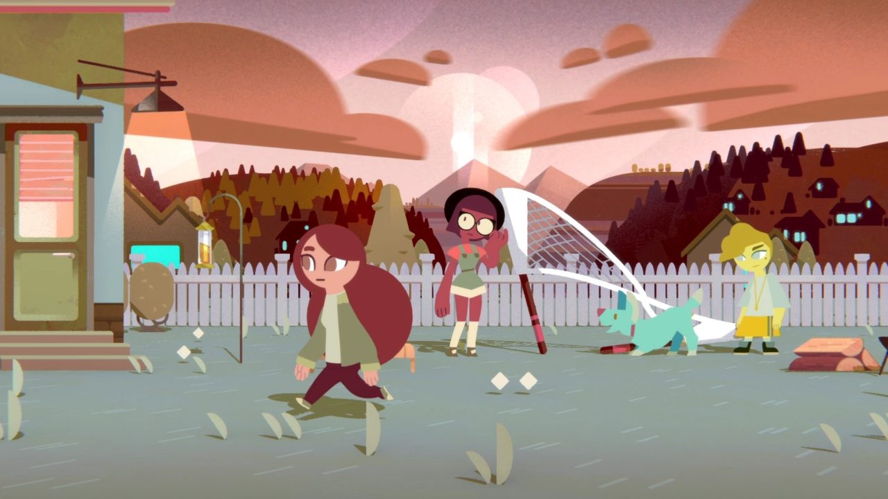 A screenshot from Land of Screens showing a young woman in a distinct paper artstyle walkiing across a field. Two other women watch her, standingn in front of a white picket fence. There is a blue dog.