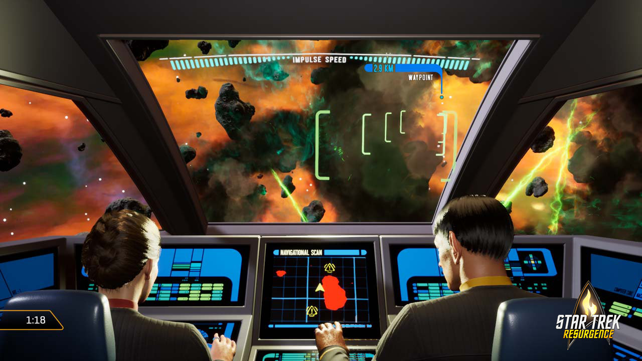 Jara and Chovak pilot a shuttle during a puzzle sequence in Star Trek: Resurgence.