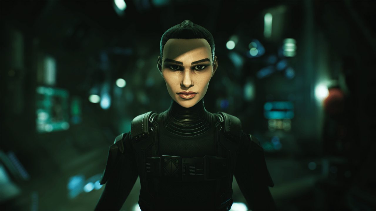 The Expanse: A Telltale Series screenshot of a short-haired woman in black tactical gear against a dark backdrop that seems to be a spaceship interior.