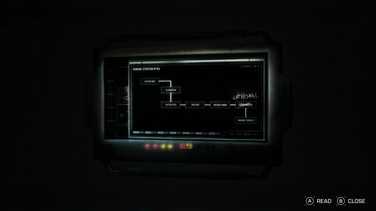 A map is shown with CATHEDRAL etched in spooky letters on the console in The Expanse: A Telltale Series.