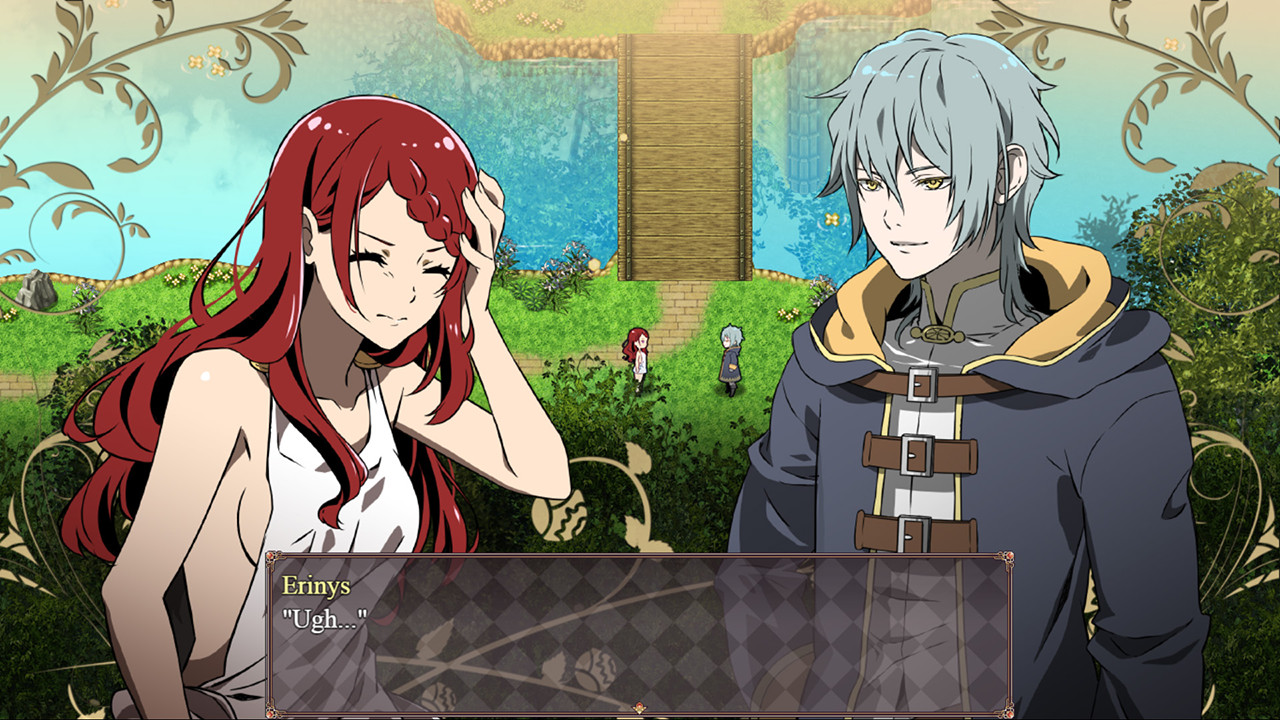 The Silent Kingdom screenshot - Visual Novel style dialogue scene between the heroine and a blue-robed man.