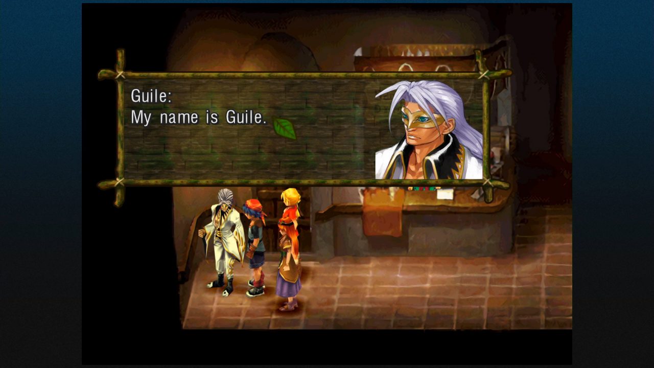 Guile, a purple-haired magician in a white coat talks to Serge and Kid in Chrono Cross.