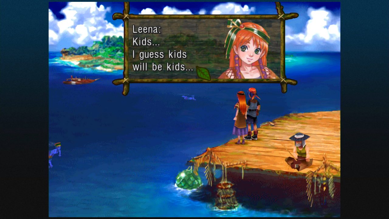 A screenshot of Leena talking to Serge in Arni in Chrono Cross