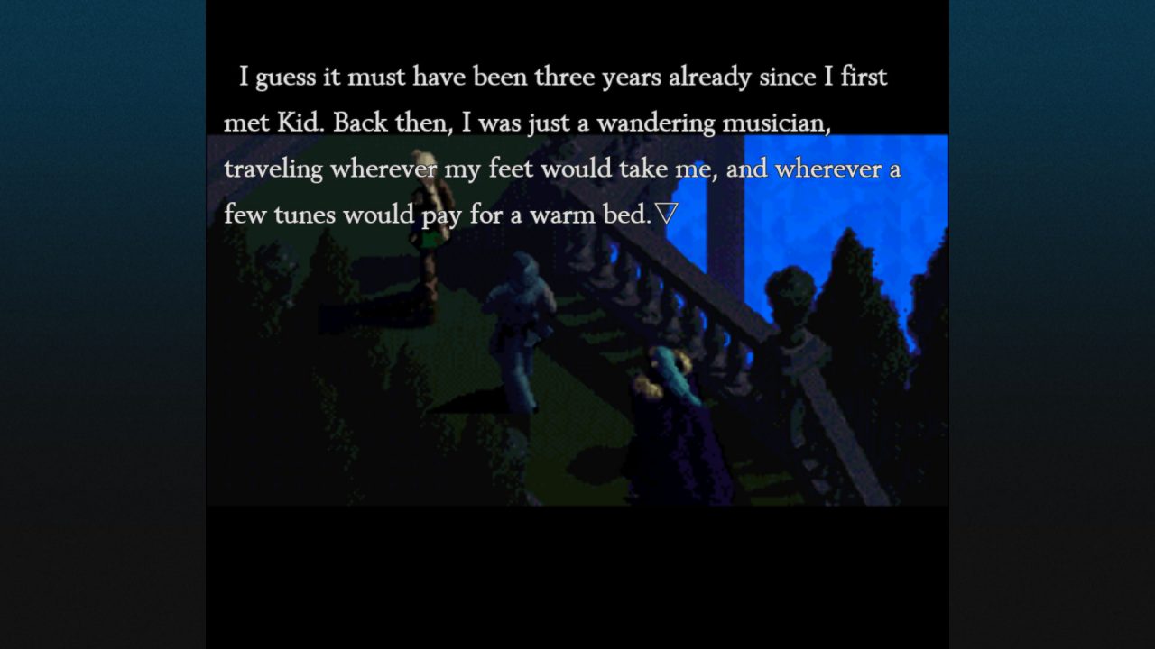 A text segment of Radical Dreamers which tells you that Serge, Kid, and Magil are entering the Viper Manor. The screen is dark as it is at night.