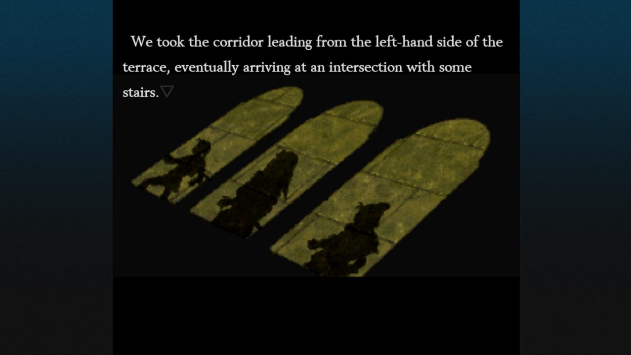 Text reads: "We took the corridor leading from the left-hand side of the terrace, eventually arriving at an intersection with some stairs." Below the text are the silhouettes of three people over a stone floor in Radical Dreamers.