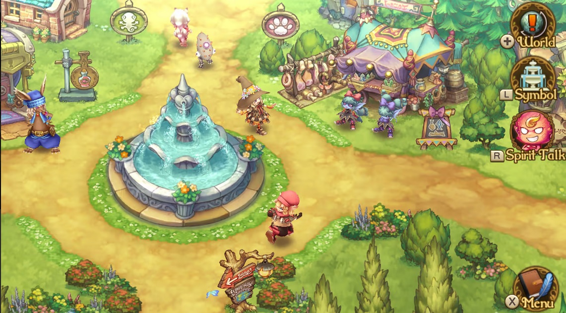 Exploring a town in Egglia Rebirth where there's a fountain in the cetre. There is a food shop at the top and the village is surrounded by lush flowers and grass.