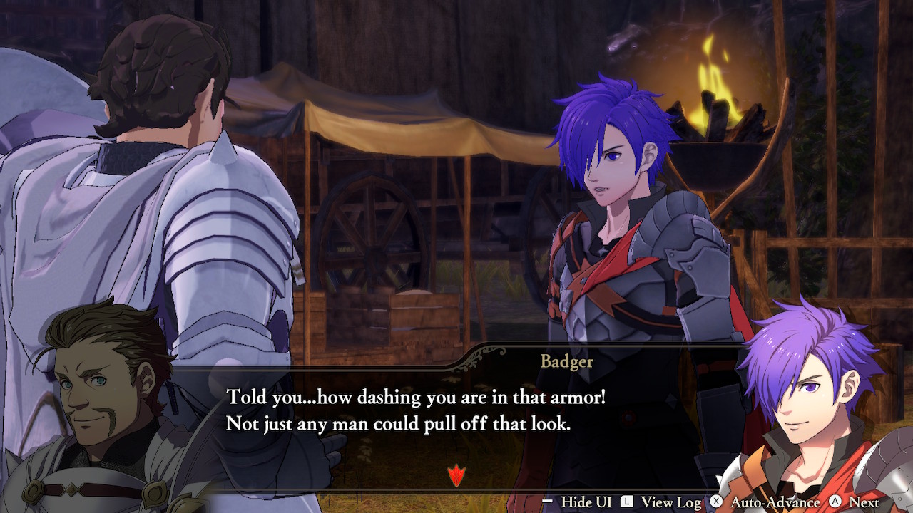 Fire Emblem Warriors: Three Hopes screenshot with Shez talking to Alois about looking dashing in armor.