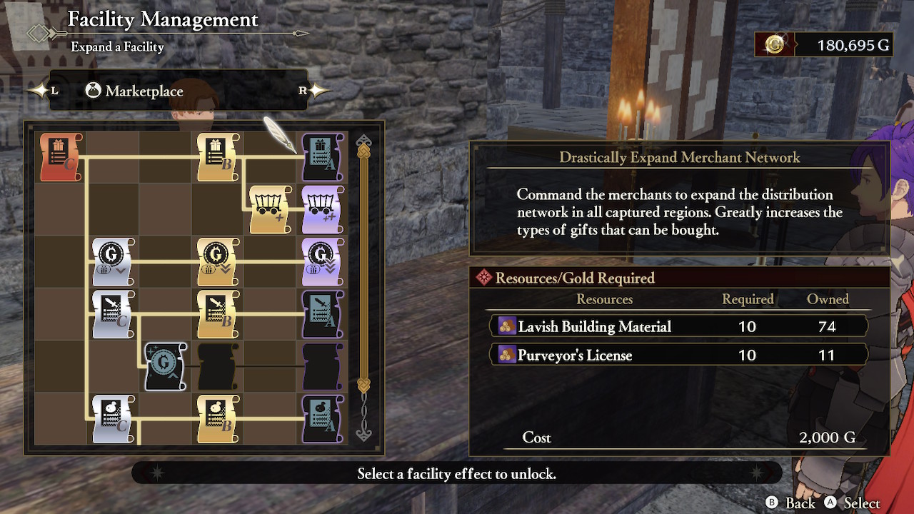 Fire Emblem Warriors: Three Hopes Shop Upgrades screenshot with expanding the merchant network highlighted.