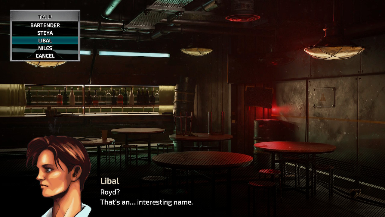 A character speaks in Front Mission 1st: Remake, commenting on the protagonist's name at the bar.