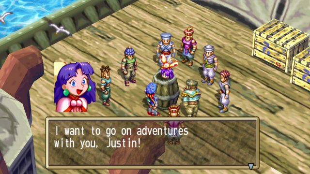 Sue explaining that she hid in a barrel because she wants to sail and go on adventures with Justin in Grandia.