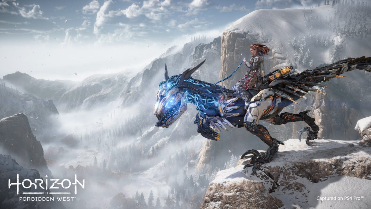 Aloy rides a robotic dinosaur in the snowy mountains in Horizon Forbidden West.