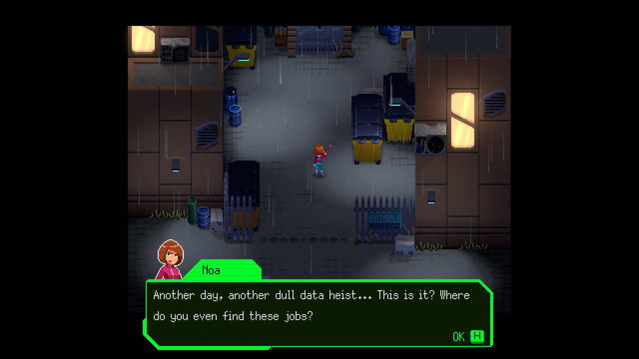 Jack Move Screenshot, wherein Noa prepares to data heist and complains.