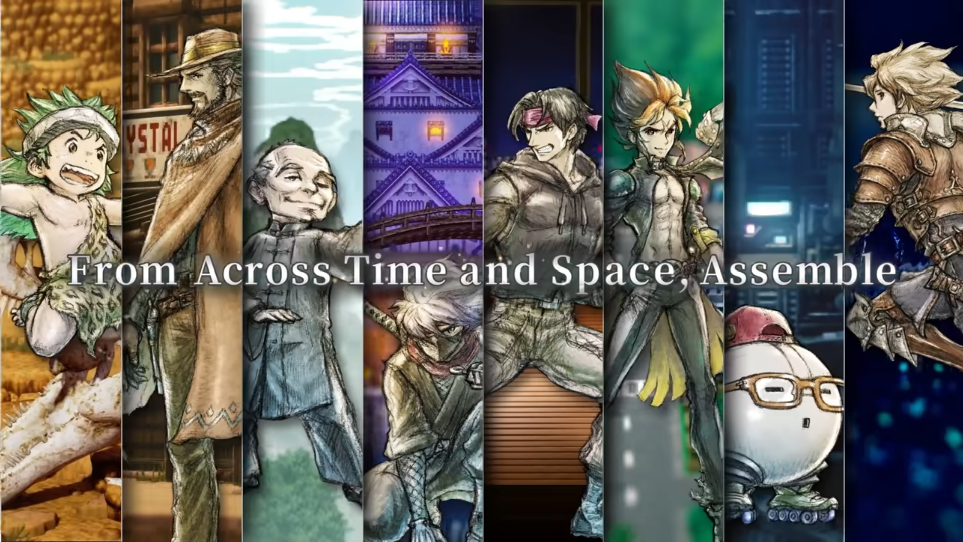 LIVE A LIVE (Remake) Artwork of the game's cast of characters behind text that says "From Across Time and Space, Assemble"