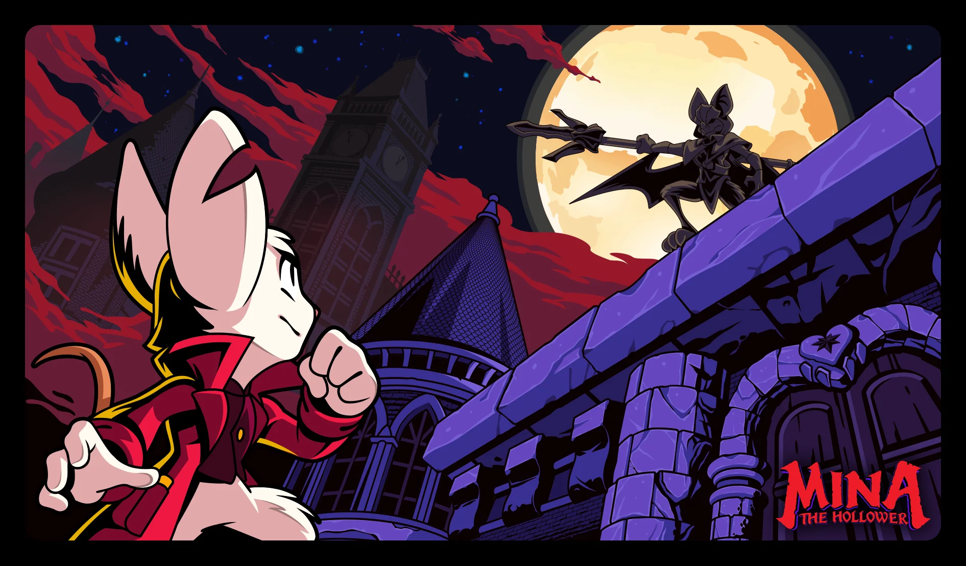 Mina the Hollower artwork of Mina bracing for a fight with a shadowy bat-like foe on a castle.