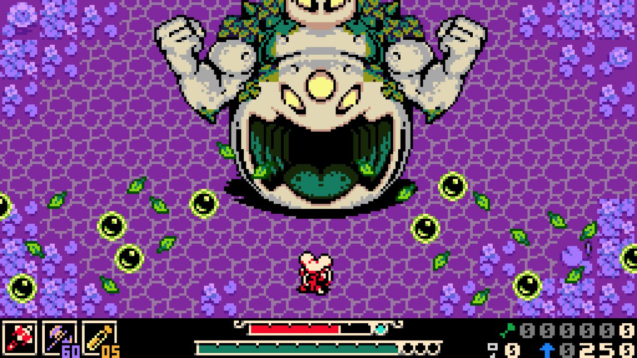 A purple background with a giant head behind it in Mina the Hollower
