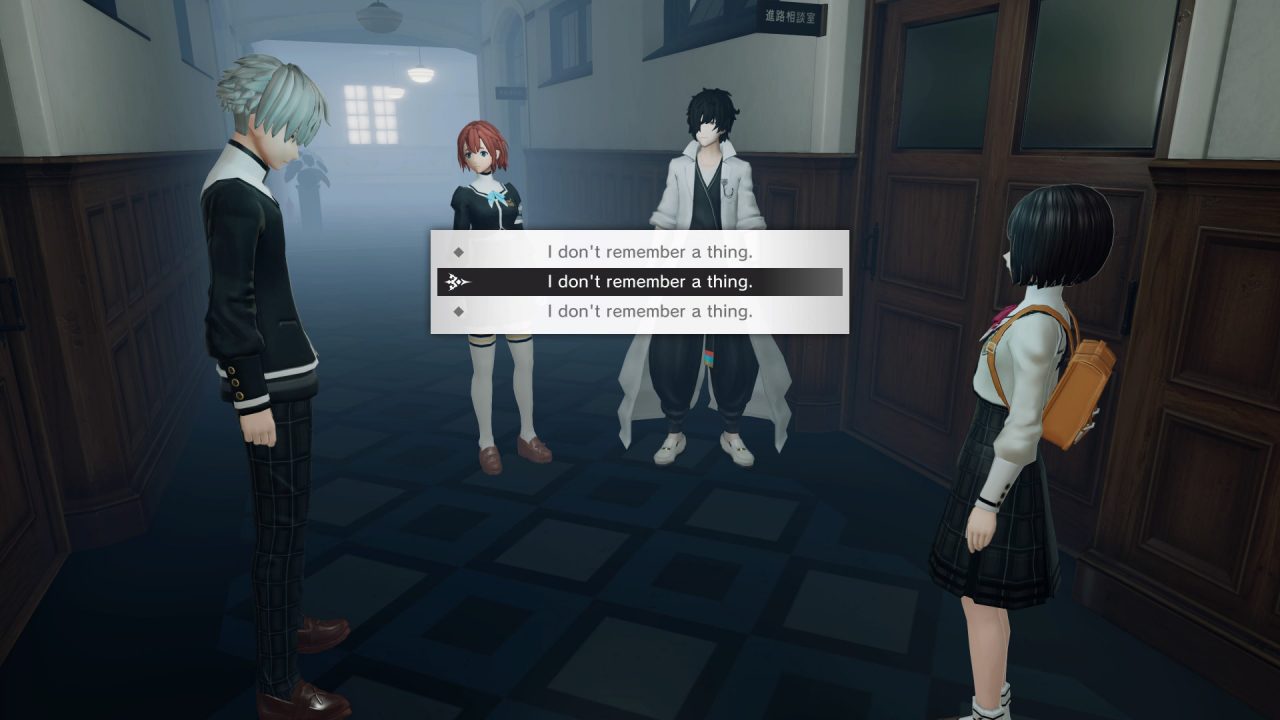Three teenagers and a doctor stand around in a foggy hall in Monark. The player has the option to choose a dialogue choice. All three options read "I don't remember a thing."