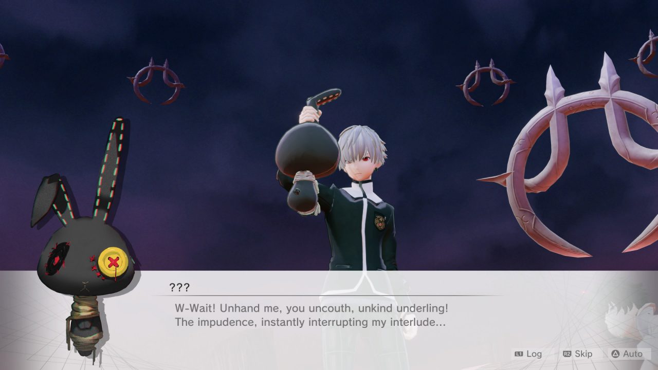A teenage boy grabs a creepy stuffed rabbit by the ears in Monark. The rabbit says: "W-wait! Unhand me, you uncouth, unkind underling! The impudence, instantly interrupting my interlude..."