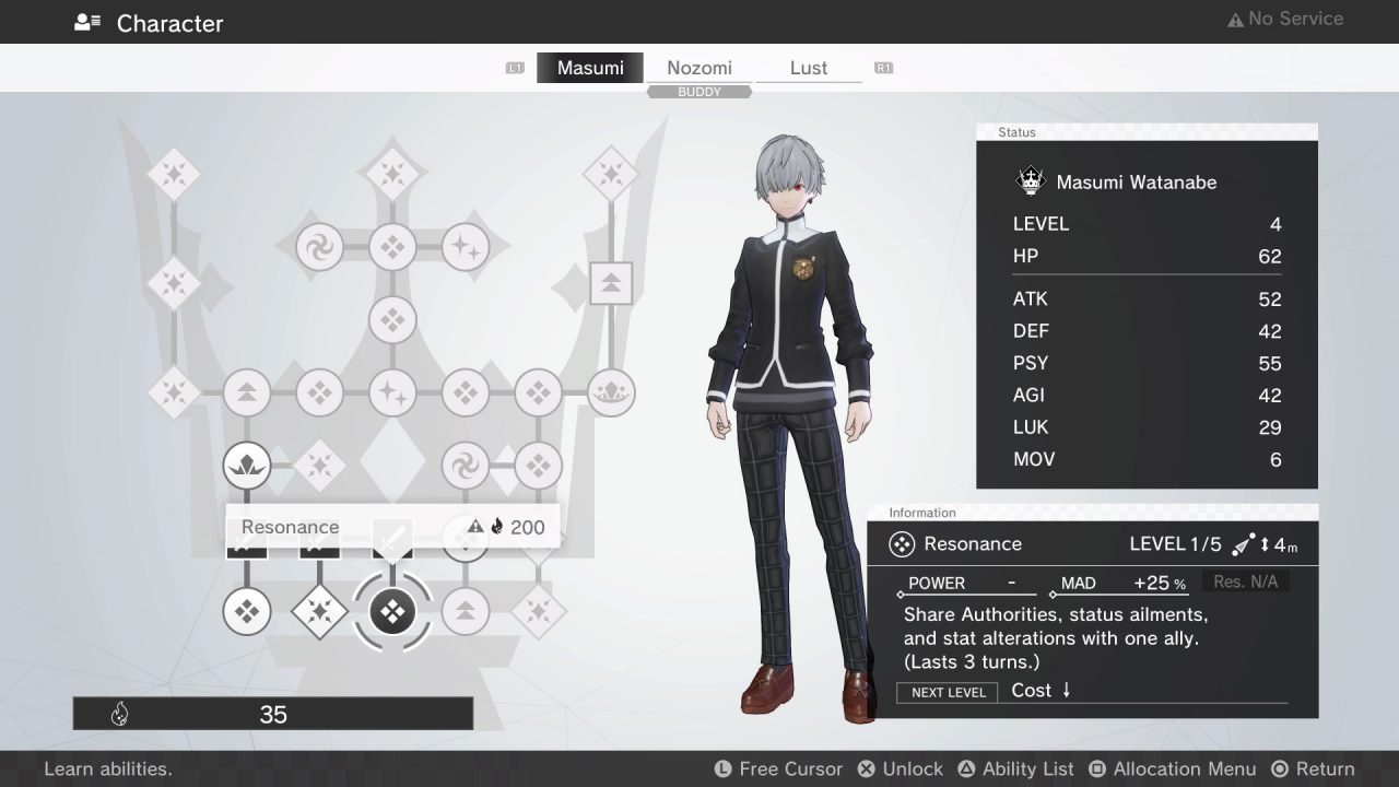 A display of a character's skill tree in Monark, as well as their stats such as HP, ATK, and AGI.