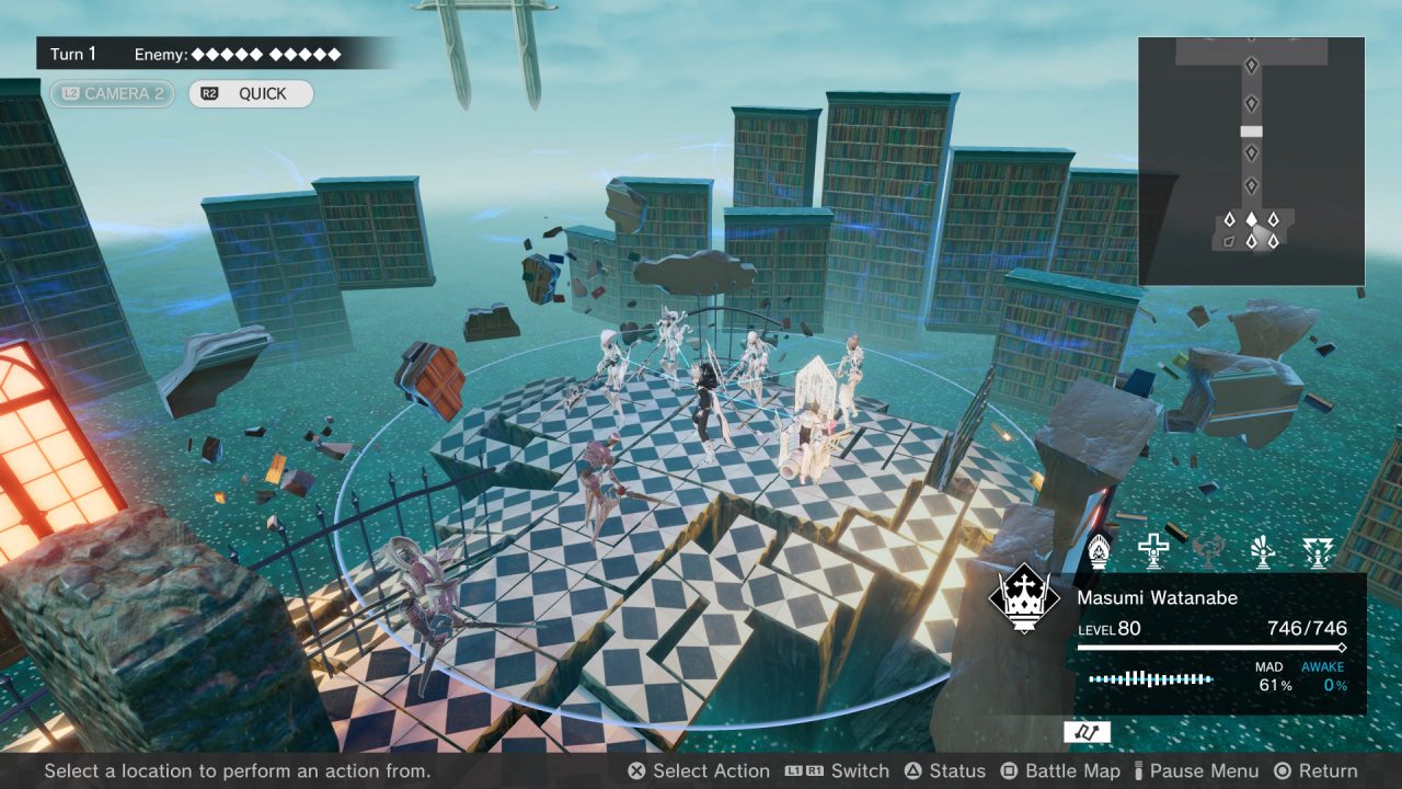 A top down view of a battlefield in Monark. Six player characters face down two skeletal fiends in a landscape of broken tiles and floating bookshelves.