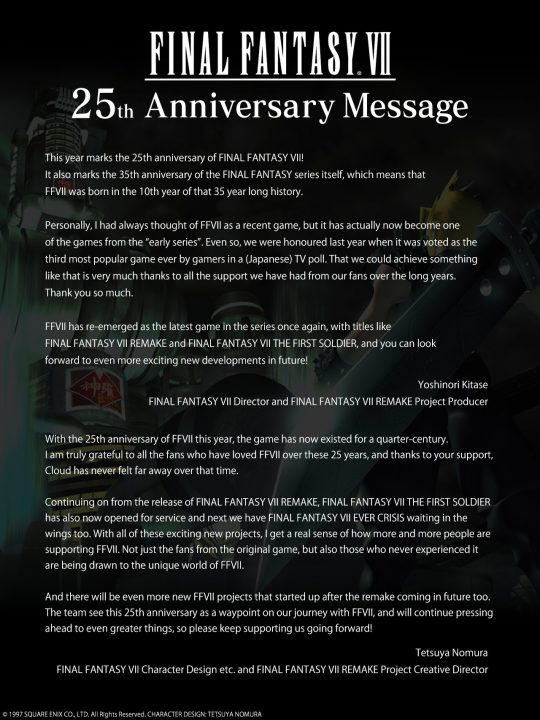 Message From Yoshinori Kitase And Tetsuya Nomura Teasing New Final Fantasy VII Projects