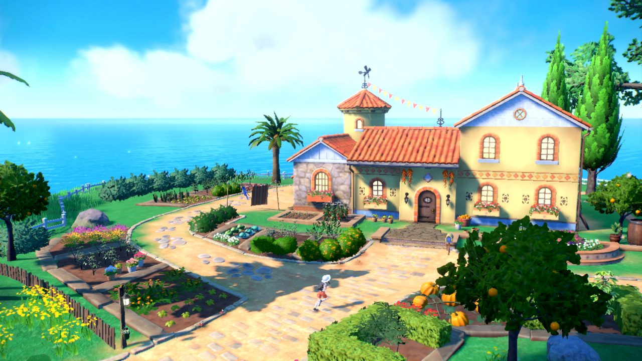 Pokémon Scarlet & Violet Screenshot of a tropical home near the ocean with a cobblestone walkway and extensive crops throughout a garden.