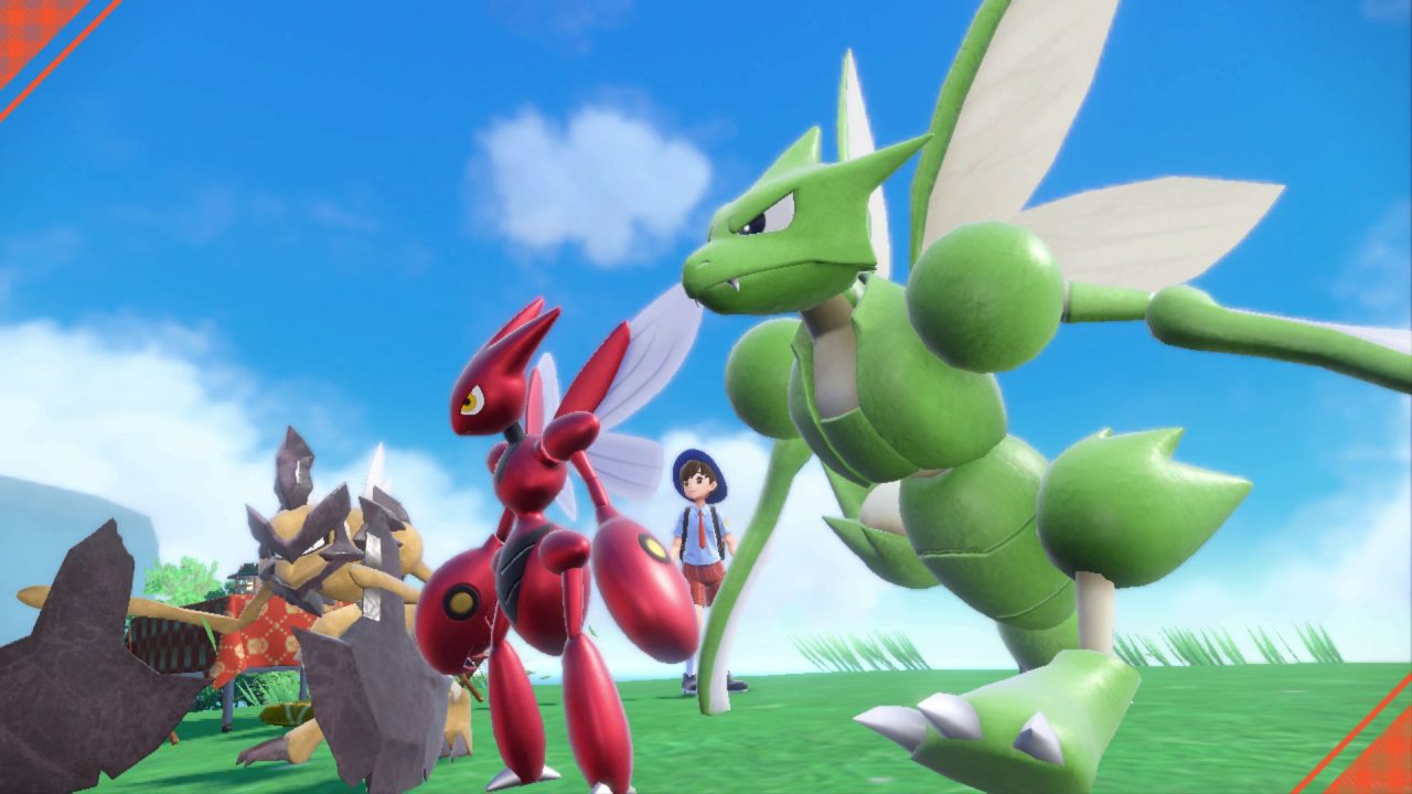 Pokémon Scarlet & Violet screenshot of a trainer with Scyther and its two evolutions in a grassy field