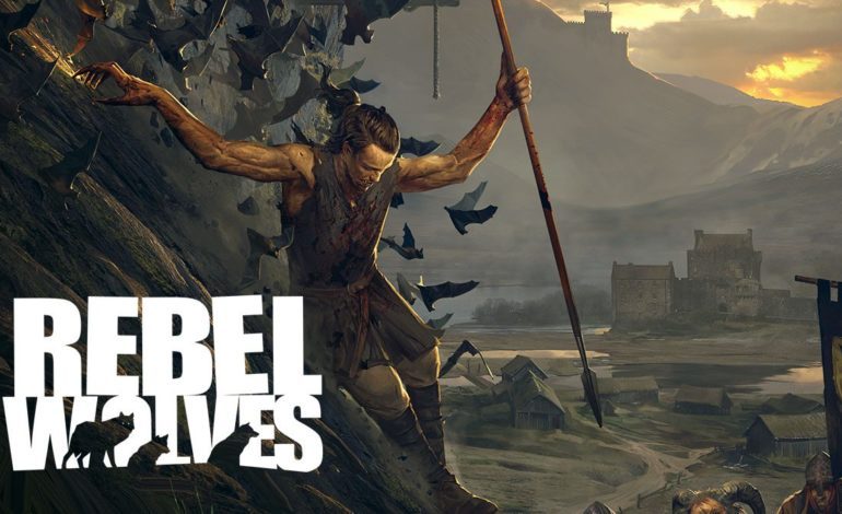 Rebel Wolves logo and a man in leather and cloth, holding a spear while sliding down a rocky cliffside.