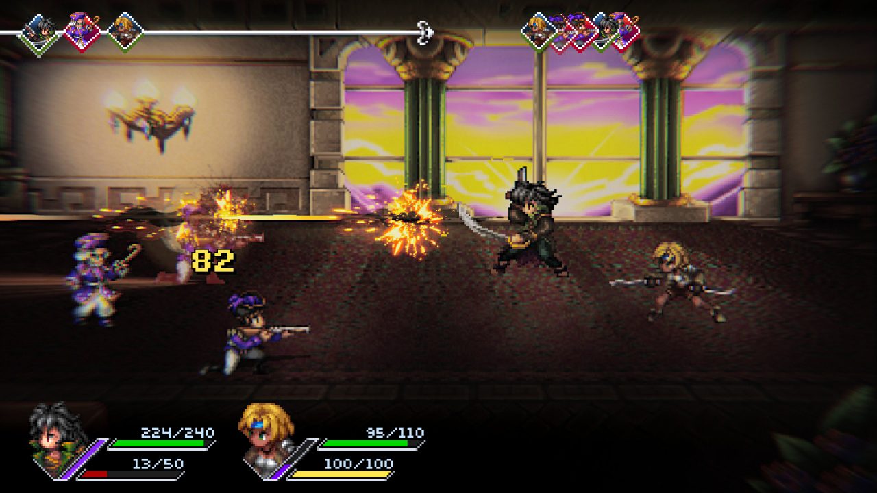 Rise of the Third Power Screenshot Of Two Character Engaging In Turn Based Combat Against Some Soldiers In Dark Armor, Against The Backdrop Of A Sunset Through The Windows.
