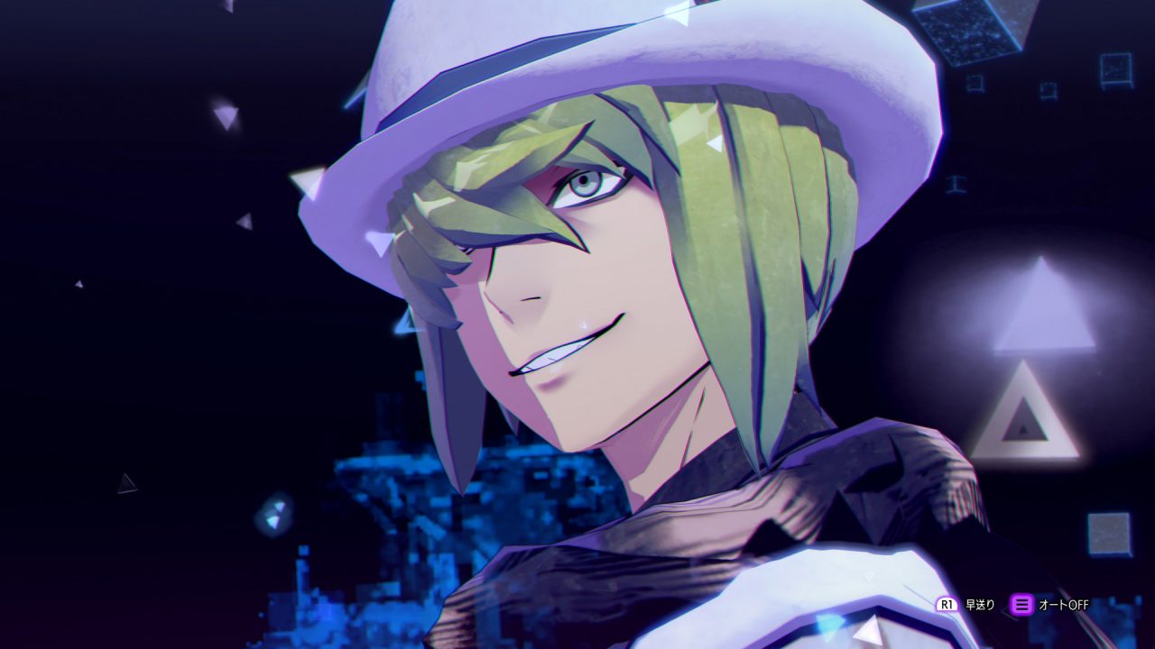 Screenshot of Soul Hackers 2's Saizo, a beautiful man smiling, clearly pleased with his bright white fedora.