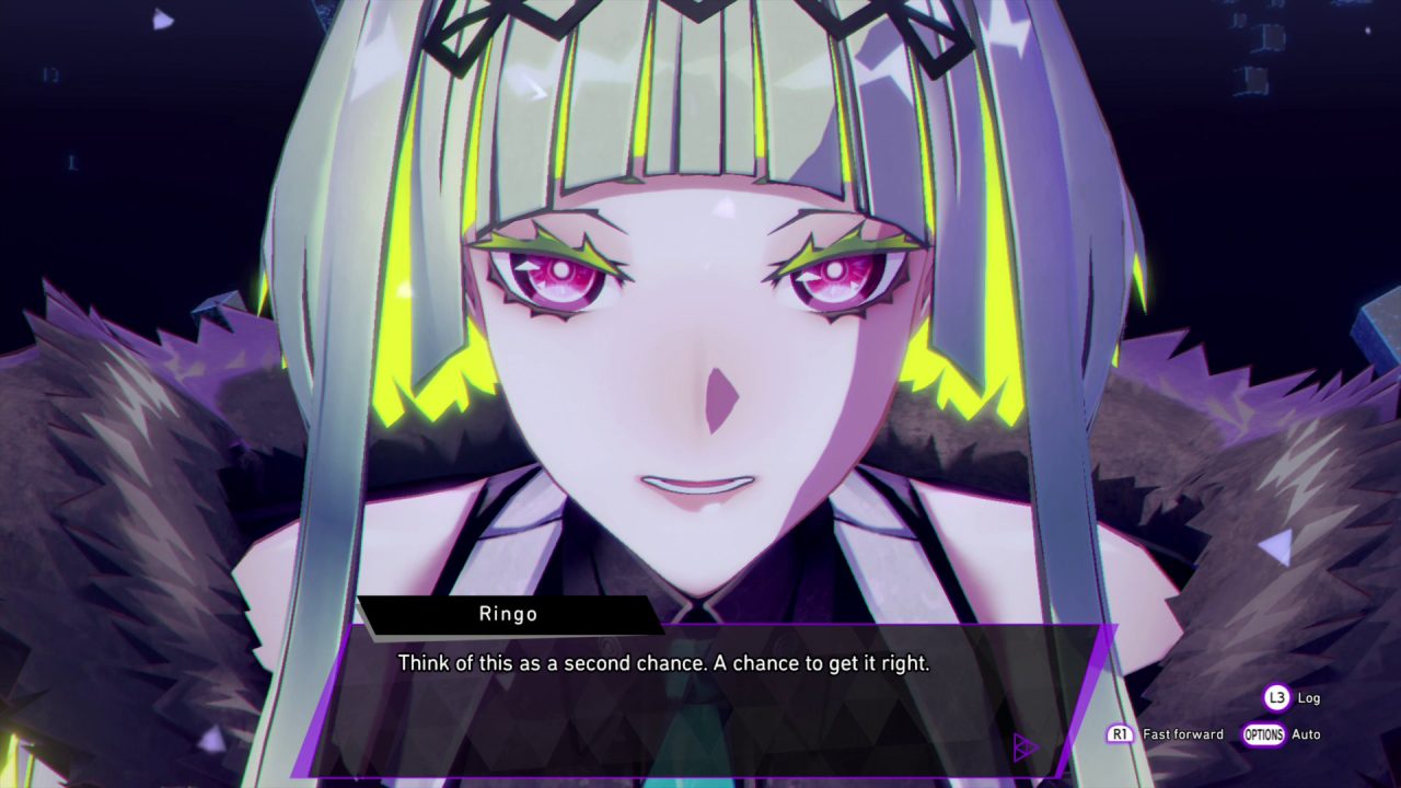 Soul Hackers 2 screenshot of a girl with neon hair named Ringo stating, Think of this as a second chance. A chance to get it right.