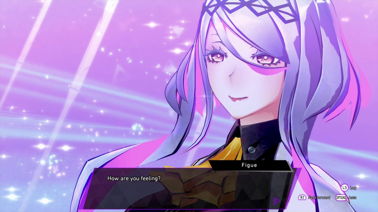 Soul Hackers 2 screenshot of a girl with purple hair in a neon cyber setting.