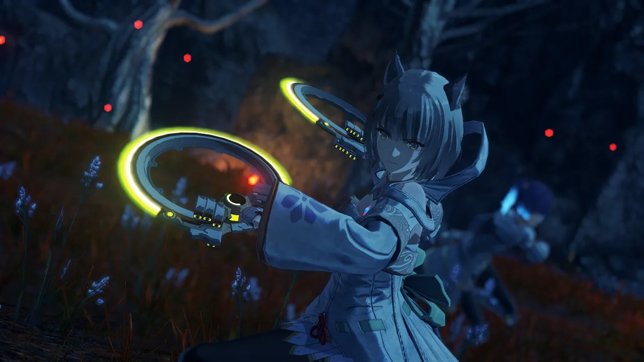 Xenoblade Chronicles 3 screenshot of a girl with cat-like ears and glowing chakrams readying for battle.
