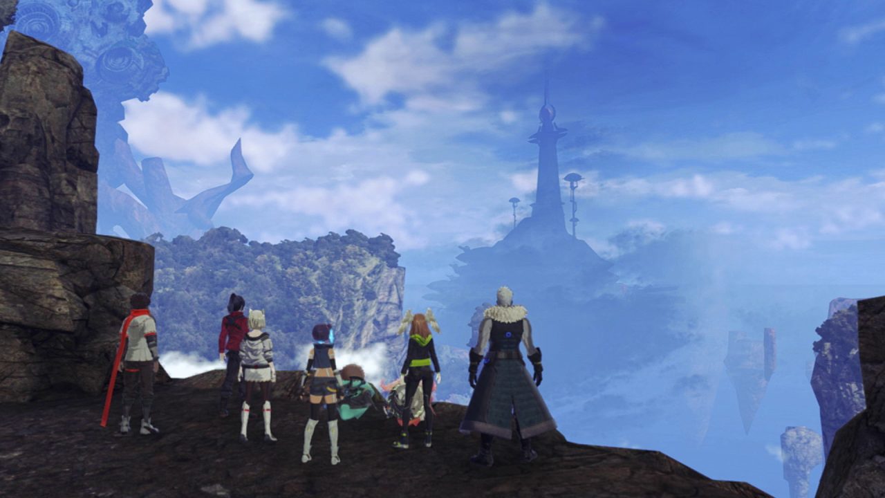 Xenoblade Chronicles 3 screenshot of the cast on a mountainside looking at some towers shrouded in cloud off in the distance.