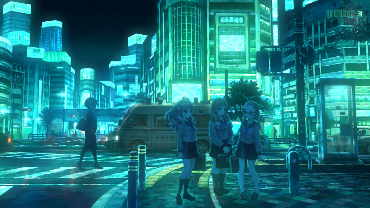 Tomi, Iori, and Miwako standing in a downtown corner at night in 13 Sentinels.