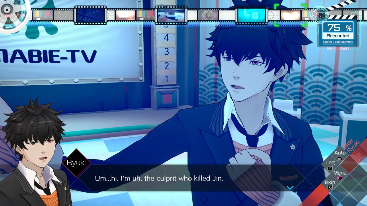 Screenshot of lead character discussing something in a blue-tinted room