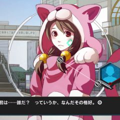 Anonymous;Code Screenshot of a girl in pigtails wearing a pink bear-like hoodie in a modern city. The game is published by Spike Chunsoft.