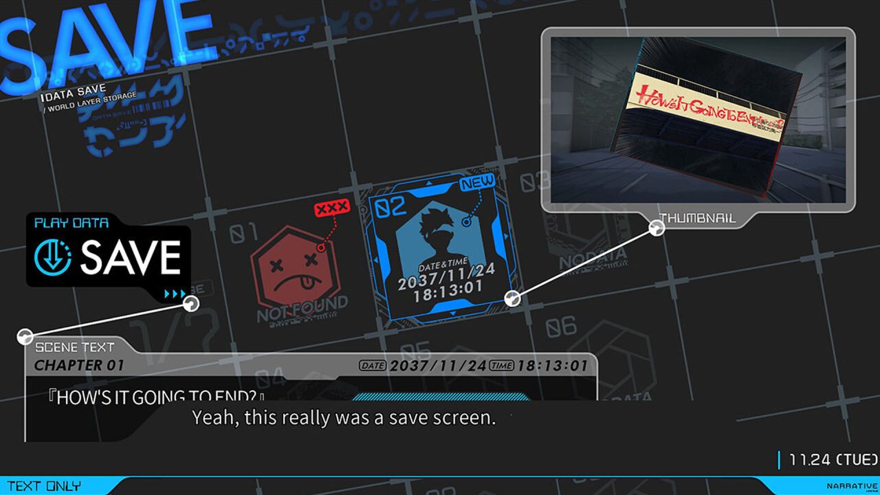 A screenshot of the Save and Load screen in Anonymous;Code reading "Yeah, this really was a save screen."