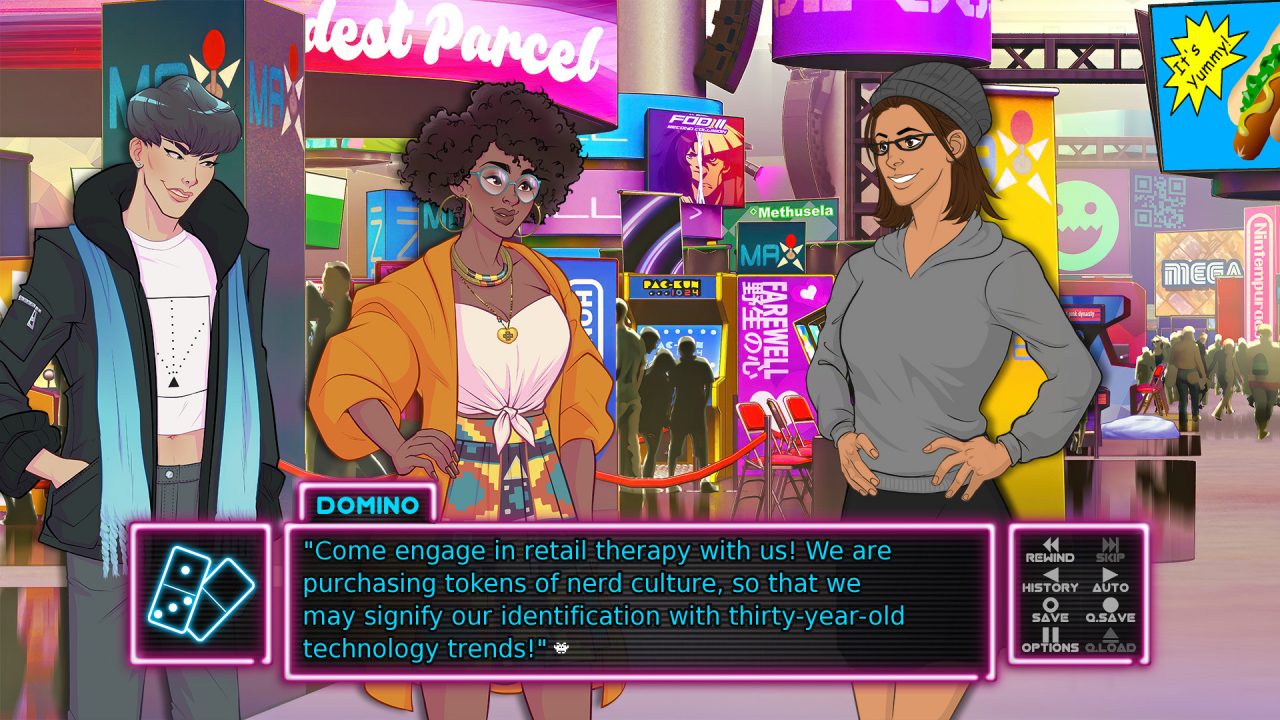 A dialogue screenshot with Domino, Grace, and the player character in Arcade Spirits: The New Challengers.