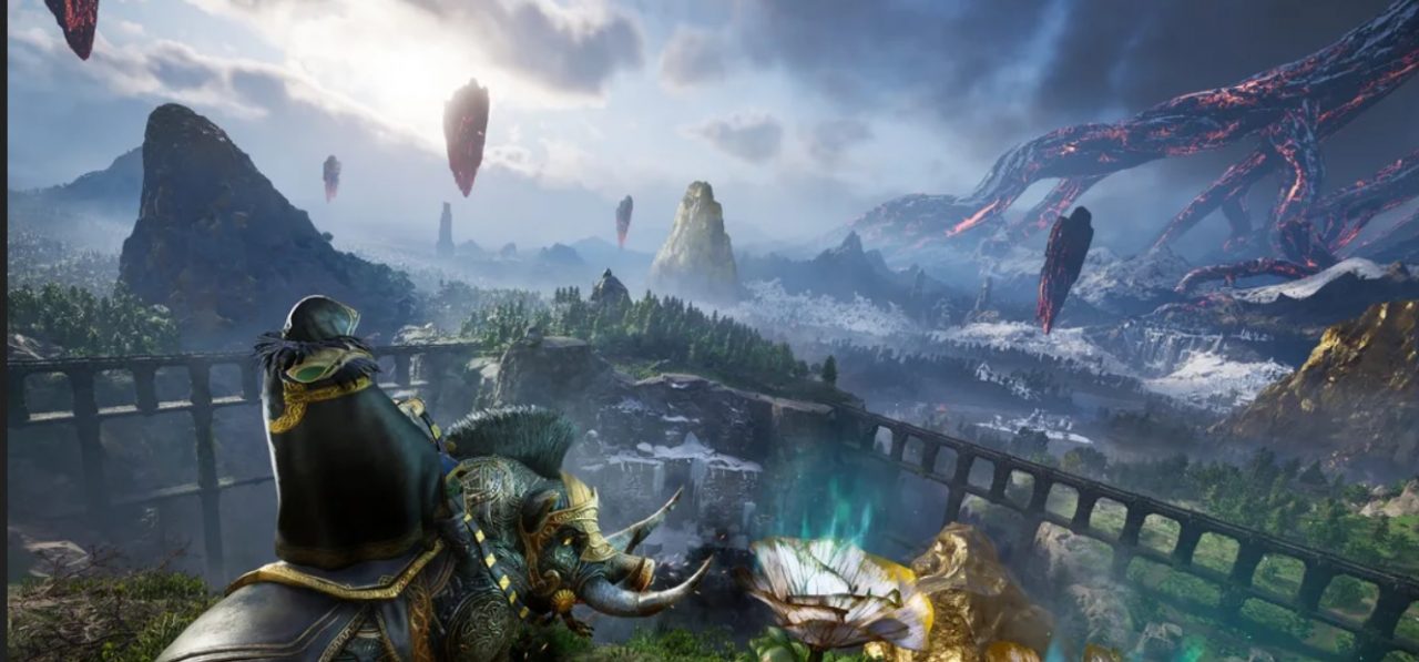 Screenshot of Eivor surveying the realm of Ragnarok on horseback in Assassin's Creed Valhalla.