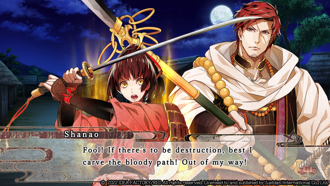 Birushana: Rising Flower of Genpei screenshot of protagonist Shanao crossing swords with Benkei Musashibo. Shanao's dialogue box reads, "Fool! If there's to be destruction, best I carve the bloody path! Out of my way!"