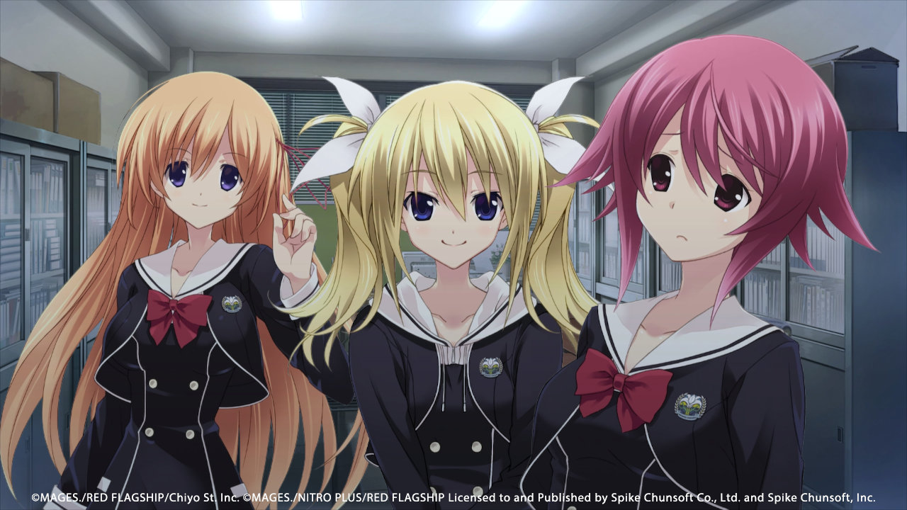 CHAOS;HEAD NOAH and CHAOS;CHILD Double Pack screenshot of two smiling schoolgirls and one concerned girl